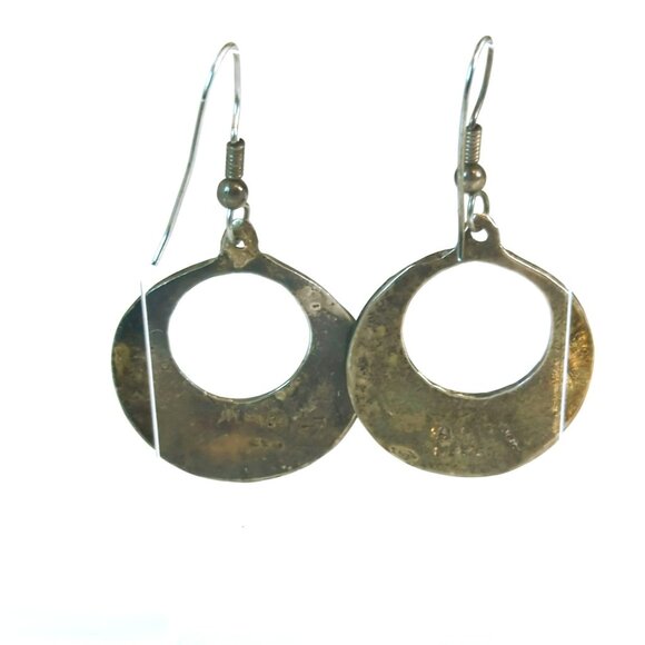Vintage Alpaca Silver Abalone & Black Enamel Crescent Drop Earrings - Picture 3 of 5
